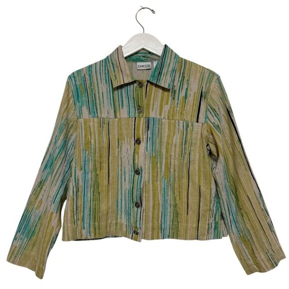 Chico's Green Tan Stripe Button Down Top Jacket Women's Small 4 Chico's Size 0 - Picture 1 of 14